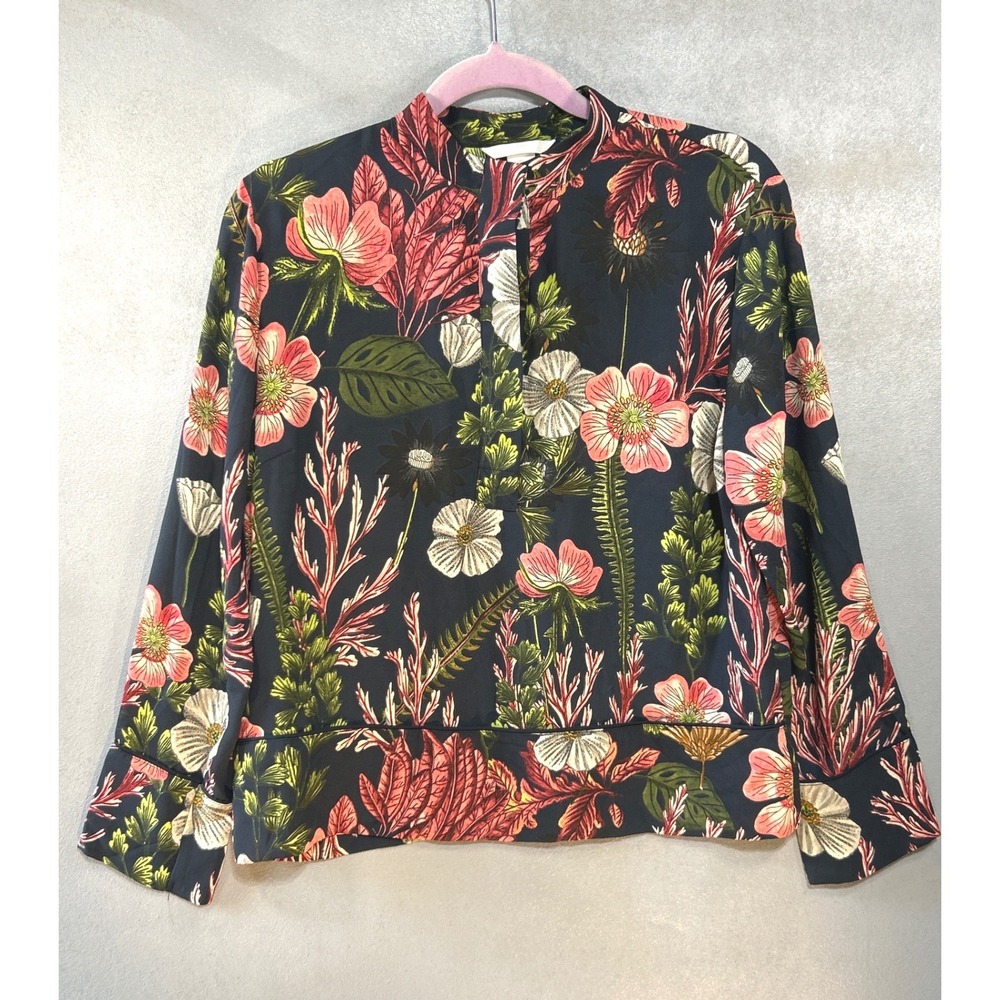 HM Navy Blue Floral Botanical Mock Neck Keyhole Blouse Size 4 Long Sleeve Top